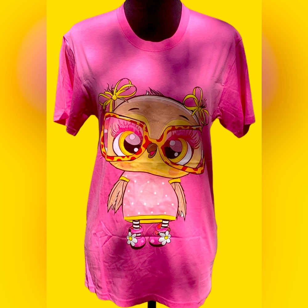 Visual Bliss Co Direct to Garment Pink Owl Graphic T-Shirt